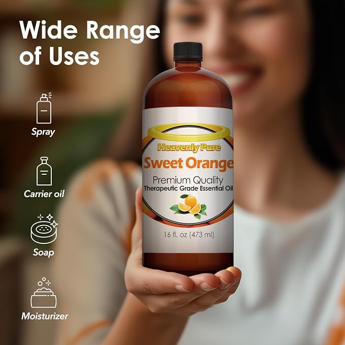 Heavenly Pure Sweet Orange Essential Oil 16 Fl Oz (Pack of 1) Large Bottle for Aromatherapy Diffusers Candles and DIY Crafts