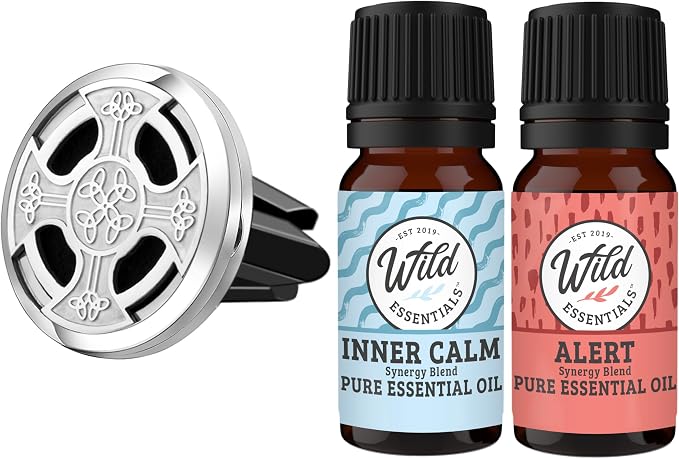 Wild Essentials Celtic Cross Car Vent Diffuser Kit – 316L Stainless Steel Locket, Rubber-Coated 4-Way Clip, 8 Color Pads (22mm), 25mm – Includes Alert & Inner Calm (2 x 10ml)