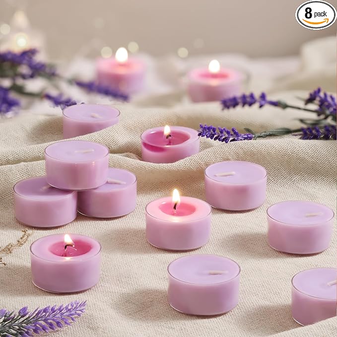 Scented Tea Lights Candles, Lavender Twilight, 8 Pack – Purple Scented Tealight Candles – 100% Palm Wax, 6 Hour Burn Aromatherapy Tea Light Votive Candle for Relaxation, Spa, Yoga, Home Decor