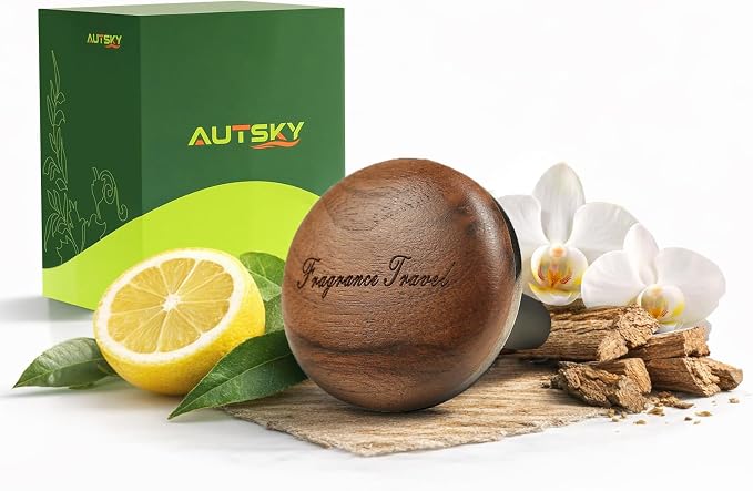 Wooden Car Air Freshener Vent Diffuser, Dark Brown Walnut Wood with Zinc Alloy Base, Refillable Essential Oil Compatible Car Vent Clip, Includes 4 Scented Pads, Long Lasting Natural Diffuser