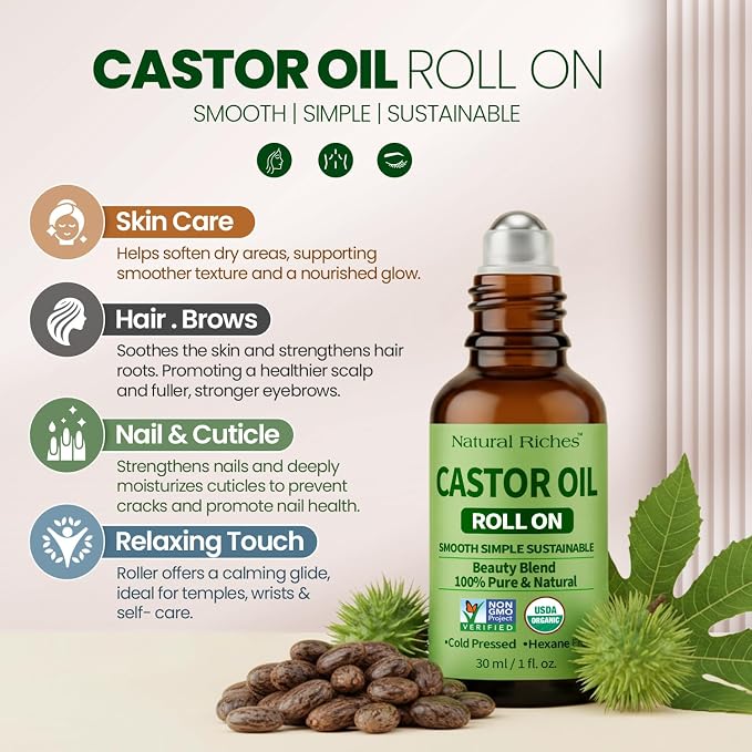 Natural Riches Organic Castor Oil Roll On - Cold Pressed, Hexane Free, 100% Pure Beauty Blend - 1 fl oz Glass Bottle with Roller Ball Applicator