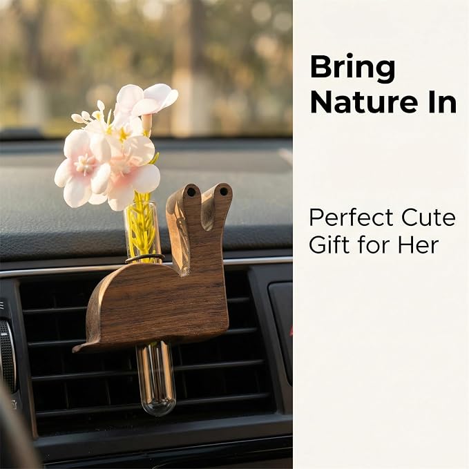 Little Glass Flower Vase Air Vent Clip, Wooden Stand Car Aroma Diffuser, Car Air Vent Decor Plant Holder, Auto Interior Decorations (Black Walnut Snail)