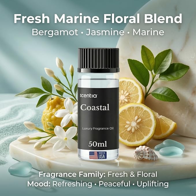 Scentia Coastal (Cabana) Hotel Scent Diffuser Oil – Luxury Fragrance Inspired by 5-Star Spa – 50 mL – Jasmine, Bergamot & Sea Breeze Essential Oil Blend for Home, Office & Aromatherapy Diffusers