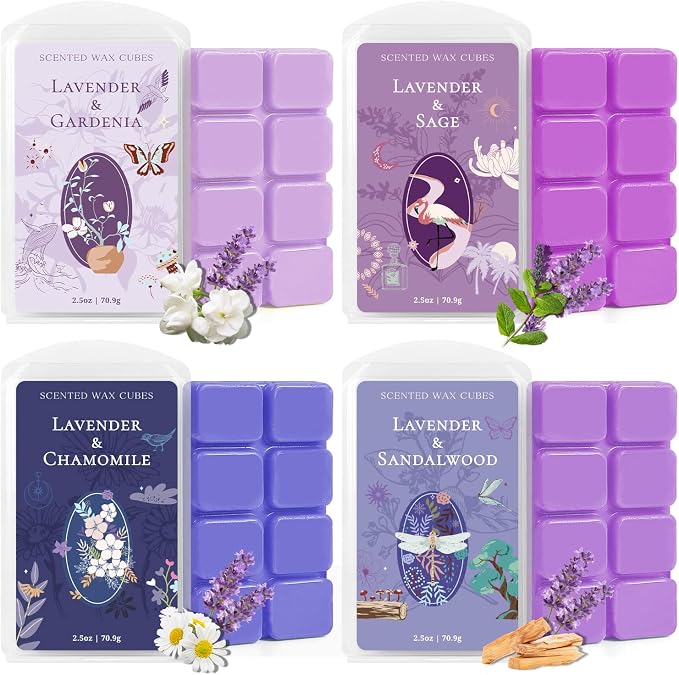 SCENTORINI Wax Melts, Wax Cubes Strong Scent, Lavender Scented for Sleep, Summer Scents Wax Melts for Warmer, 2.5 oz 4-Pack - Lavender & Gardenia, Sage, Chamomile, Sandalwood
