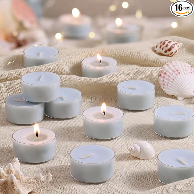 Ocean Memory Scented Tea Lights Candles – Soft Blue – 6 Hour Burn – 100% Palm Wax – Scented Tealight Candles for Holiday Relaxation, Winter Gatherings – 16 Pack Scent Votive Candle