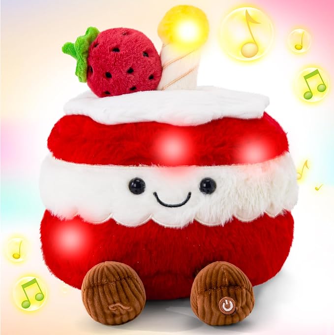 WEWILL Light up Birthday Cake Plush Toy Musical Cute Cake Pillow Stuffed Animals with Legs Strawberry Funny Plushie for Girls,Kids,Boys,8"