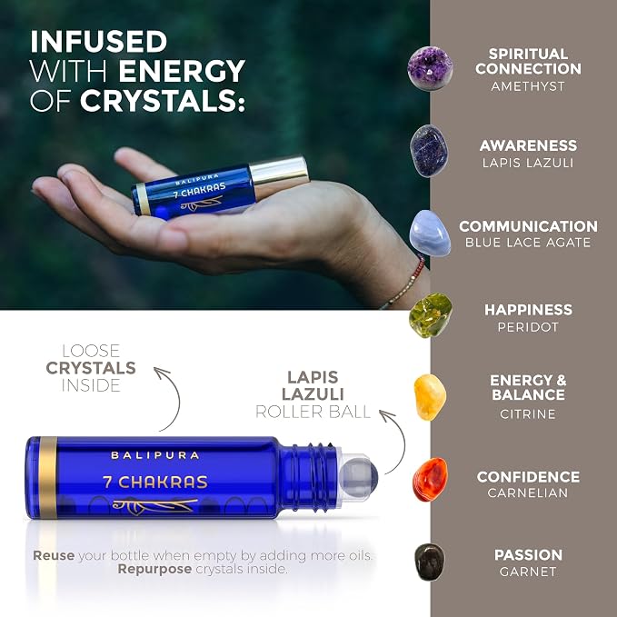 BALIPURA - 7 Chakra Natural Aura Roll On - Essential Oils Blends - Handmade in Bali, 0,34fl.oz
