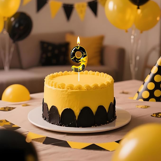 Black Yellow Number 9 Birthday Candle for Cake – Dark Night Hero Style with Bat & City Silhouette Design – Unique Cake Topper for Birthday, Anniversary, Themed Party Decoration