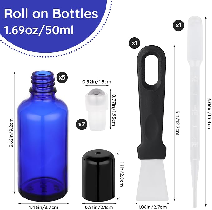 Segbeauty 1.69oz Glass Essential Oil Roller Bottles Refillable, 5Pack of Empty Rollerball Bottles for Oil, 50ml Blue Leakproof Perfume Oils Bottle with Dispensing Tools, Anointing Oils Bottle