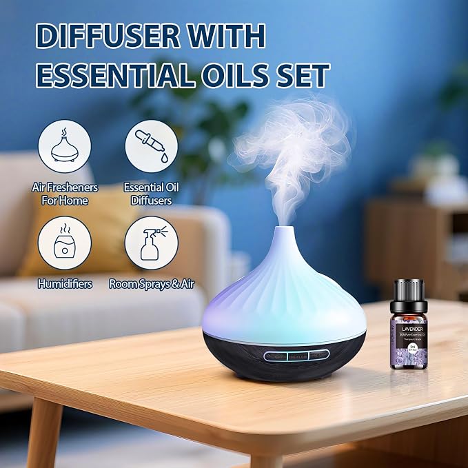 Aromatherapy Diffuser & 12 Essential Oils Set, 500 ML Ultrasonic Diffuser for Home, Cool Mist Humidifier with 14 Colour Changes, Timer and Auto-Off Function