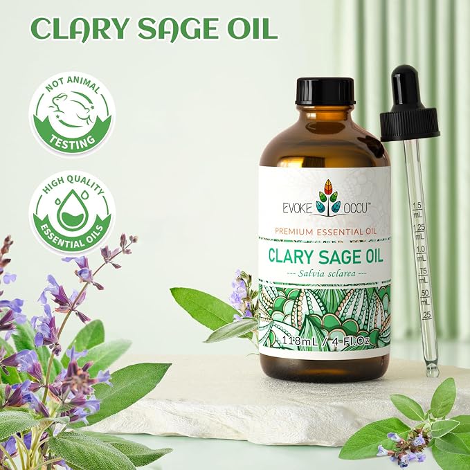 EVOKE OCCU Clary Sage Oil Essential Oil for Relaxation, Moisturize Skin, Air Freshening, Add to Spray and Diffuser - 4 FL Oz