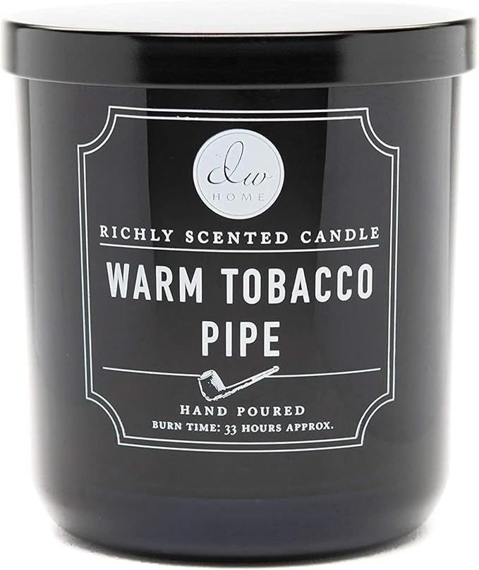 DW Home Warm Tobacco Pipe Scented Candles, 9 oz Single Wick Medium Jar, Up to 33 Hour Burn Time, Hand-Poured, Strong Long Lasting Woodsy Fragrance, Gifts for Men & Women