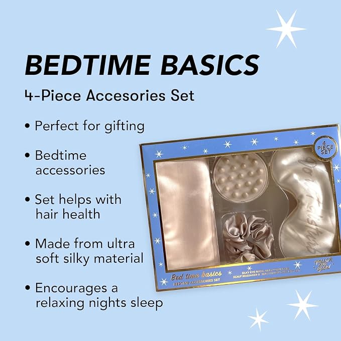 Holler And Glow Bedtime Basics Accessories Mother's Day Set, Limited Edition, Sleep Eye Mask, Silk Scrunchie, Hair Growth Scalp Massager, Satin Pillowcase, Beauty Sleep For Women, 4 Piece Gift Set