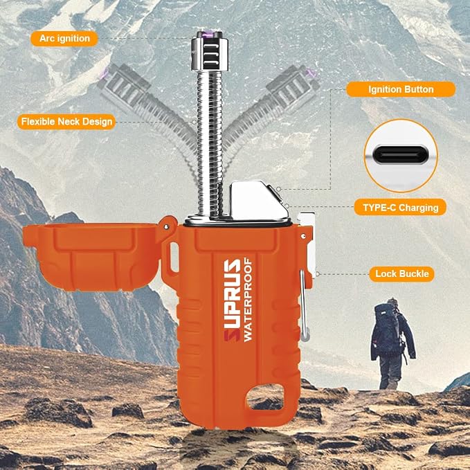SUPRUS Waterproof Lighter Windproof Lighter Arc Plasma Lighters USB-C Rechargeable with Expandable and Flexible Neck for Outdoor, Camping & Kitchen (Orange, 2Packs)