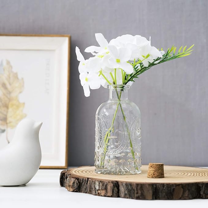 MyGift Vintage Design Embossed Fleur De Lis Clear Glass Bottles with Cork Lid, Apothecary Flower Bud Vases, Set of 6