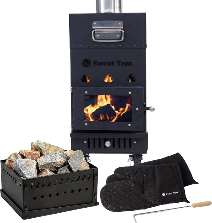 SweatTent High-Output Wood Burning Sauna Stove Kit – Includes Rock Basket, Heat-Resistant Gloves & Fire Poker – Portable Stainless Steel Heater for Outdoor Tents – Fast Heating & Professional-Grade