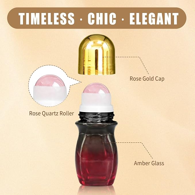 Rose Quartz Roller Waisted Bottles for Essential Oils,30ml Refillable Amber Glass Roll On Bottles with Natural Crystal Roller Balls, Leak-Proof Travel Perfume Bottle with Gold Caps