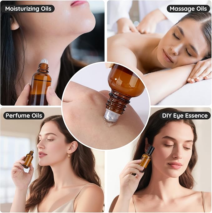 Segbeauty 1oz Glass Roll On Bottles for Oil, 5pcs Empty Roller Ball Applicator for Essential Oils, 30ml Amber Perfume Travel Refillable Bottle, Anointing Oil Bottles Travel Containers Liquids Oils