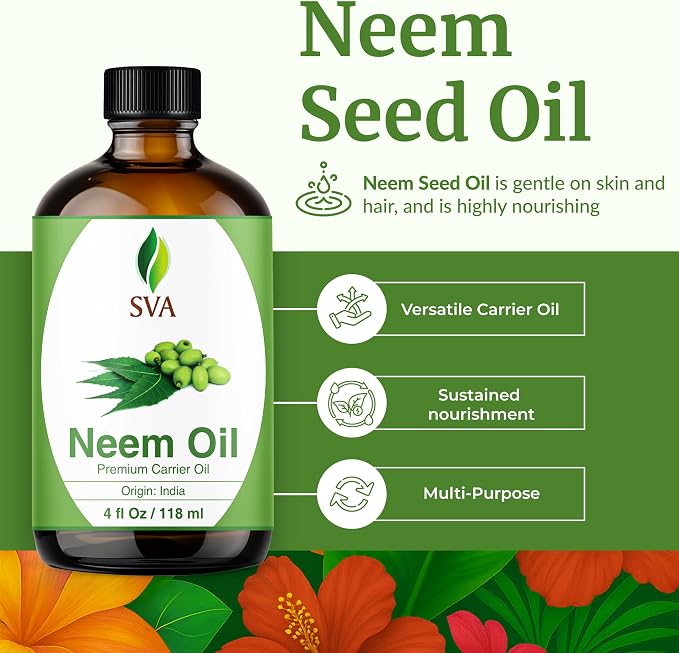 SVA Neem Seed Oil 4 Fl Oz - for Face, Skin Care, Hair Care, Scalp Massage & Body Massage – Carrier Oil with Dropper