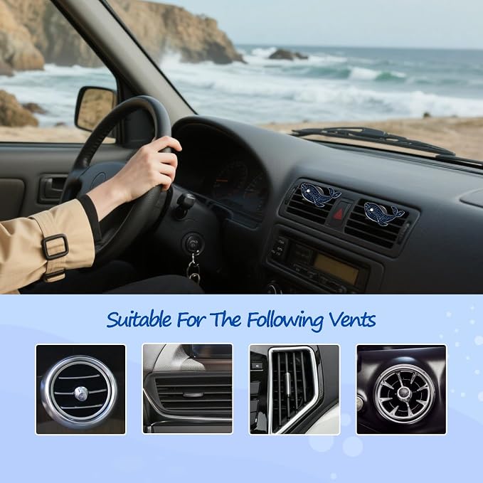 ORIESSE Beach Car Decor,Bling Whale Car Air Freshener Vent Clips,Glamour Dark Blue Cetacean Ocean Themed Vehicle Dashboard Accessories,Refillable Diffuser