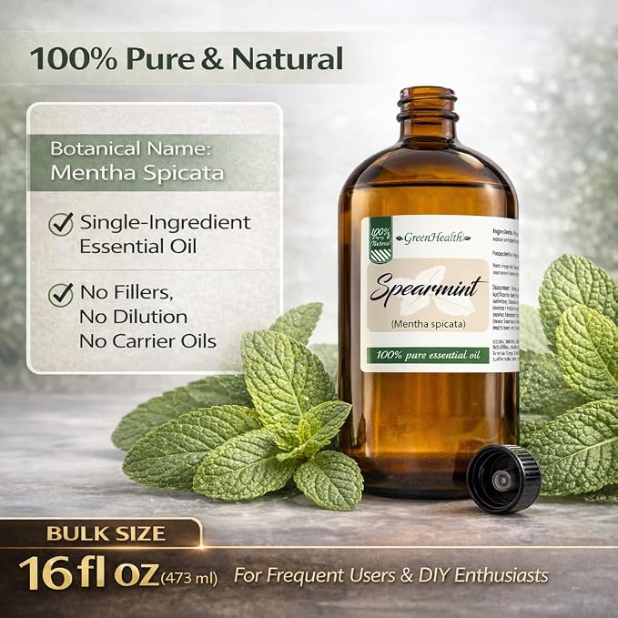 Spearmint Essential Oil – 16 fl oz (473 ml) – 100% Pure & Natural Mentha Spicata – Therapeutic Grade Bulk Essential Oil in Amber Glass Bottle with Dropper – GreenHealth
