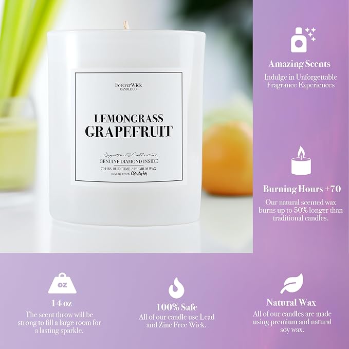 Foreverwick Lemongrass Grapefruit Candle | Anniversary & Birthday Gift | Strong Scented, 14 oz & 70 Hour Burn Time