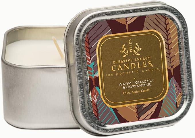 Lotion Candle - Warm Tobacco & Coriander (3.5 Ounce) | Scented Massage Candles for Self Care, Soy Wax Candle with Essential Oil Blends, Coconut Oil, and Vitamin E