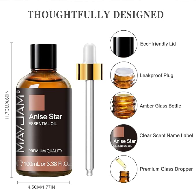 Anise Star Essential Oil, MAYJAM Pure Anise Star Oils for Diffusers, 3.38FL.OZ/100ML Star Anise Essential Oil with Premium Glass Dropper, Anise Oil