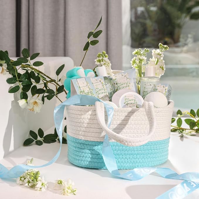 Body & Earth Gift Baskets for Women 11PCS Jasmine Spa Gift Sets for Her, Self Care Kit with Bubble Bath, Shower Gel, Lotion Set, Mothers Day Gifts for Mom