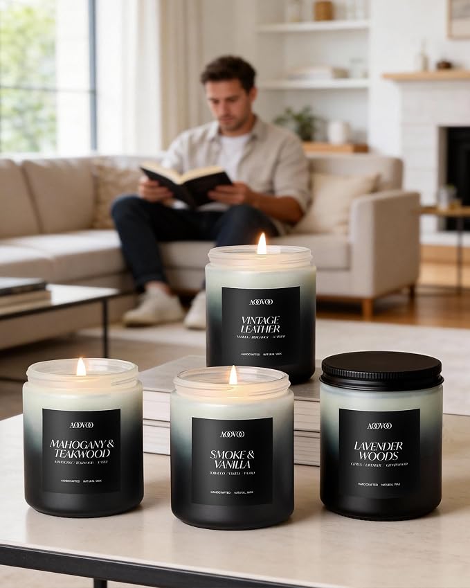 AOOVOO Scented Candles Set - 4 Pack Men Candles for Home Scented, 28 oz Soy Wax, 200 Hour Long Lasting Candle, Soy Candle Gifts Set for Men, Birthday, Valentine, Christmas, Anniversary Present