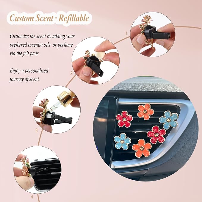ORIESSE 6pcs Flower Air Vent Clips Car Air Freshener,Red Orange Blue Daisy Flowers Vent Clip Car Accessories for Women,Girly Car Decor Refillable Car Diffuser