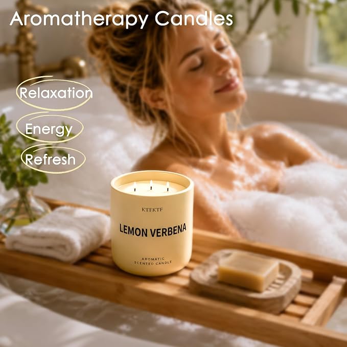 Lemon Verbena Candle, 14.1oz Large 3-Wick Soy Wax Candle, Up to 80 Hours Burn Time, Non-Toxic Aromatherapy Jar Candle with Essential Oils, Citrus Scented Candle for Home