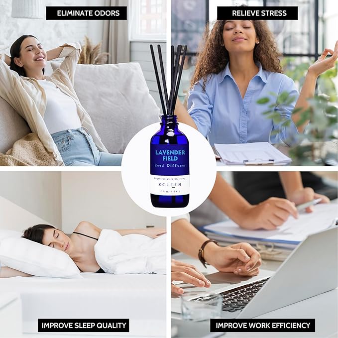 Xcleen Reed Diffuser Set, Lavender Field Oil Diffuser with Sticks, Long-Lasting Home Fragrance Reed Diffusers for Bathroom Shelf Office Decor, Luxury Air Fresheners 3.7 oz(110ml)