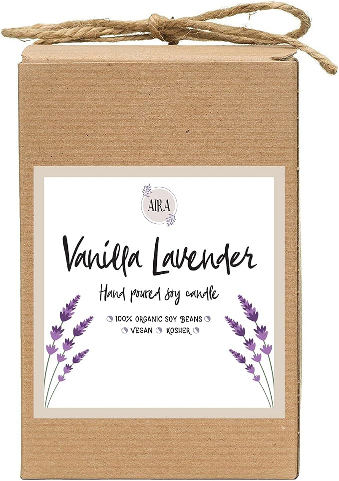 Aira Soy Candles - Organic, Kosher, Vegan, in Mason Jar w/Therapeutic Grade Essential Oil Blends - Hand-Poured 100% Soy Candle Wax - Paraffin Free, Burns 110+ Hours -Vanilla Lavender Scent -16 Ounces