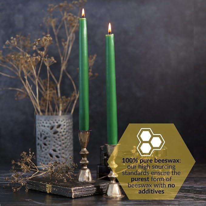 Big Dipper Wax Works Forest Green Hand-Dipped Beeswax Taper Candles – 12” x 7/8”, 2-Pack, 100% Pure Beeswax, Long Burning, Clean, Cotton Wick, Handmade in USA, Home Décor & Wedding Candles