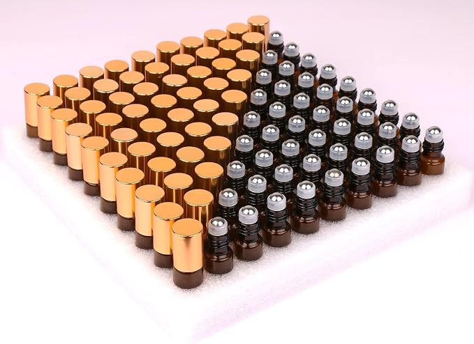 MaxMau Pack of 100,5ml Amber Glass Roller Bottles for Essential Oils Refillable Roll on Bottle with Stainless Steel Roller Balls Golden Cap For Home Travel Aromatherapy