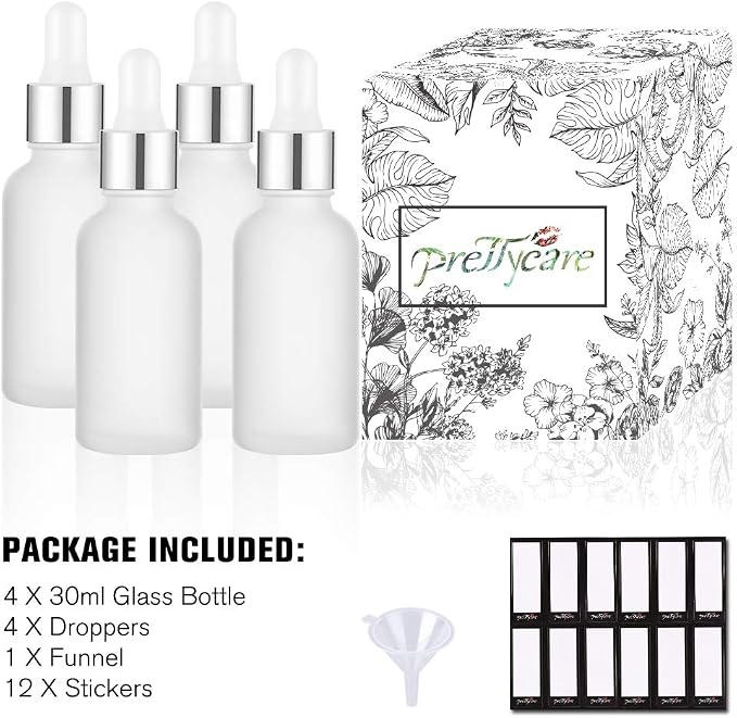 PrettyCare 4 Pack 1oz Dropper Bottle for Essential Oils, 30 ml Frosted Clear Glass Leak Proof Essential Oils Bottles with Labels, Funnels- Empty Tincture Bottles for Personal Care & Beauty