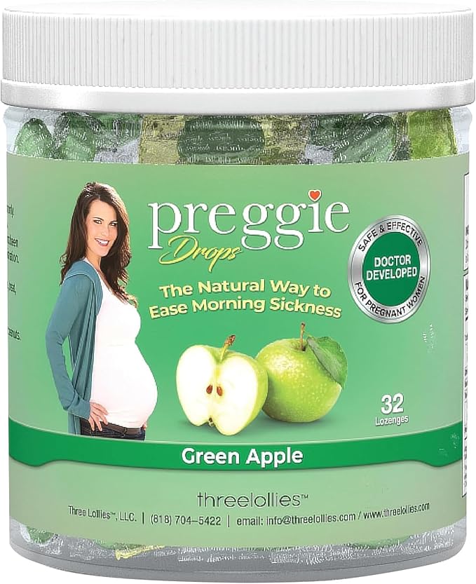 Three Lollies Preggie Drops Pregnancy Nausea Relief Drops with Essential Oils, Morning Sickness and Queasy Stomach Support for Pregnant Women, Green Apple, 32 Count