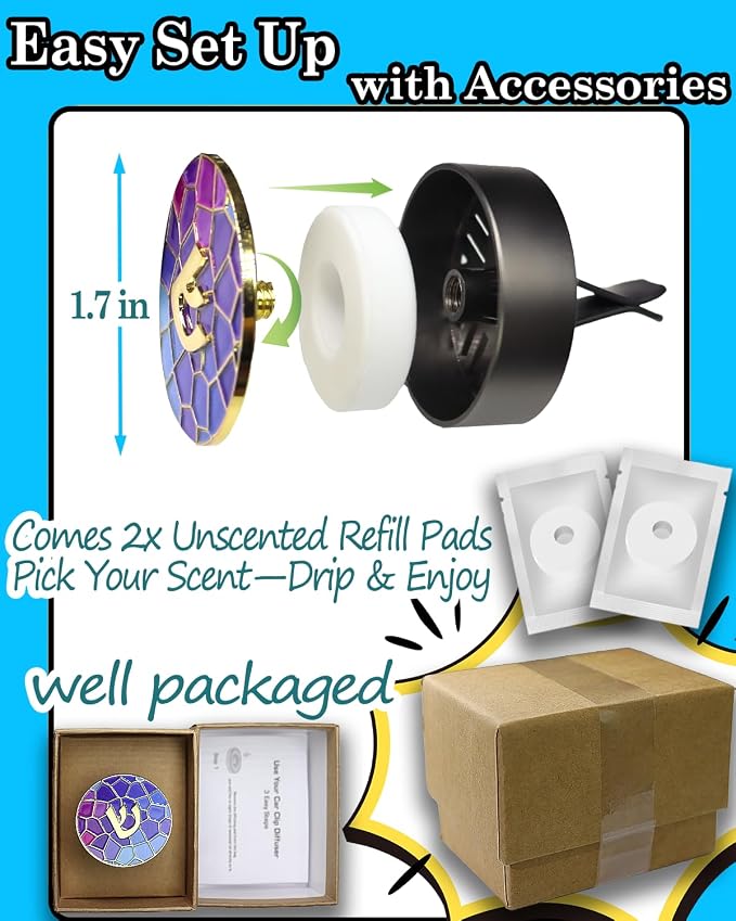 Hebrew Shin Car Vent Clip Air Freshener - Essential Oil Diffuser Refillable with 1 DIY Unscented Pads for Car Jewish Hanukkah Gifts Blue 1.57”