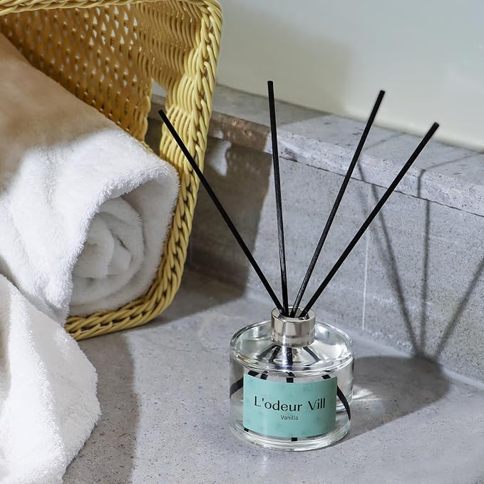 L'odeur Vill Reed Diffuser Set, 6.7 oz(200ml) Vanilla Scented Diffuser with 6 Oil Diffuser Sticks, Home Fragrance Essential Oil Reed Diffuser for Home Large Rooms Bathroom Shelf Decor