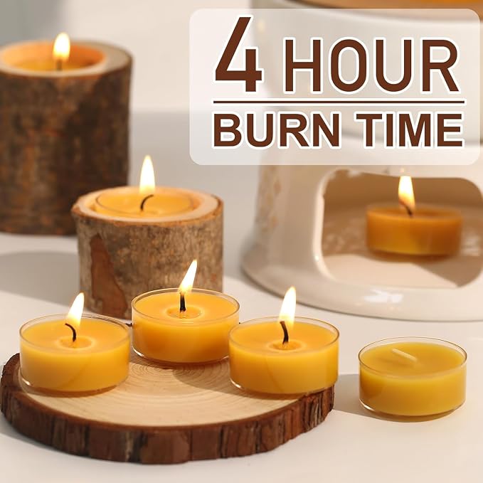12 Pack Pure Beeswax Tealight Candles-4 Hour Burn Time Burn Evenly and Clean- Smokeless Beeswax Tea Lights for Relaxing