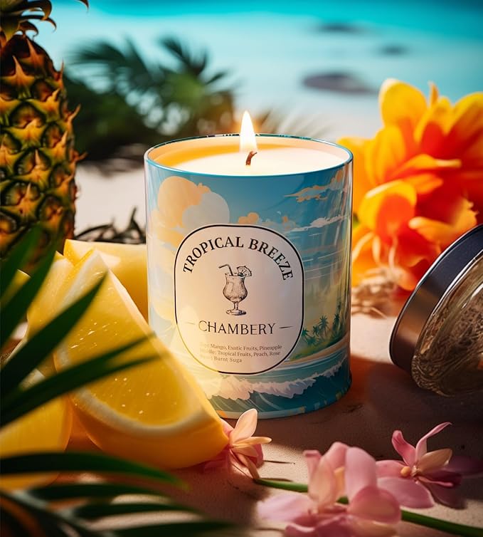 Tropical Breeze Candle 9.17oz | Serene British Virgin Islands Scene in Premium Tin | Lively Fruity Fragrance for Summer | Soy Wax with Lead-Free Cotton Wick | 55-Hour Burn
