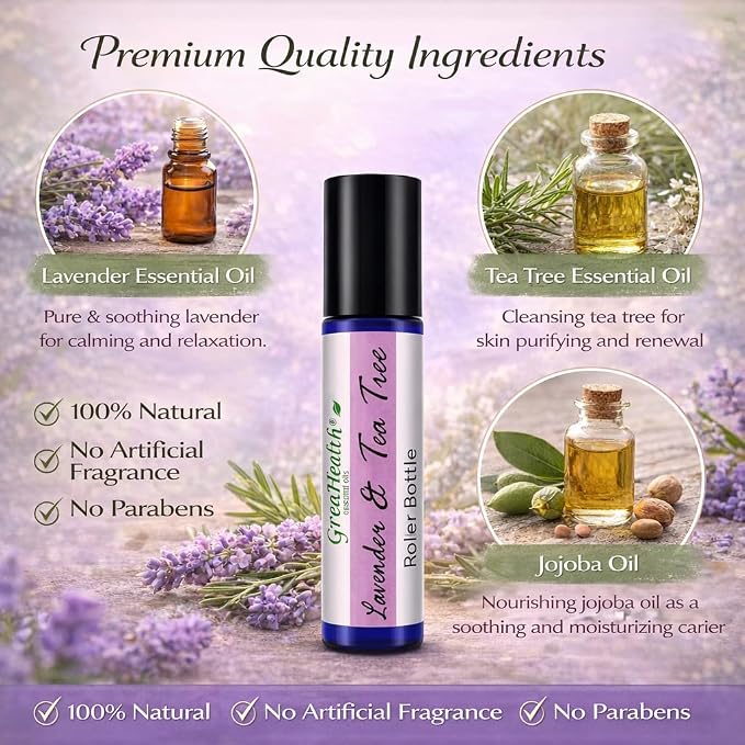 GreenHealth Lavender & Tea Tree Essential Oil Roll On 10 ml – Pre-Diluted Aromatherapy Roller, Ready to Use, Portable Roll-On, Relaxing Lavender & Refreshing Tea Tree Blend for On-the-Go Use