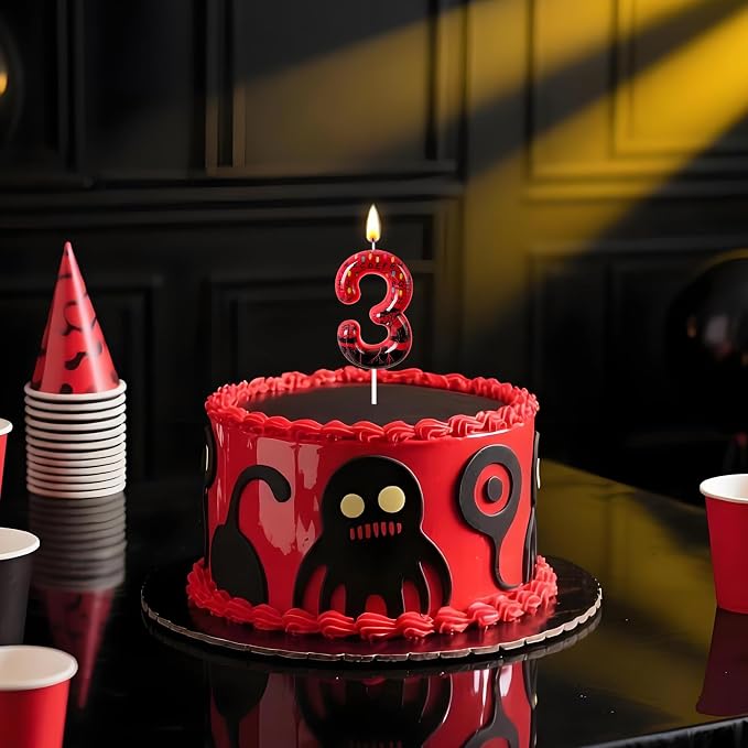 Red Number 3 Birthday Candle for Cake – Dark Horror Style with Alphabet Print & Shadow Design – Unique Cake Topper for Birthday, Anniversary, Themed Party Decoration