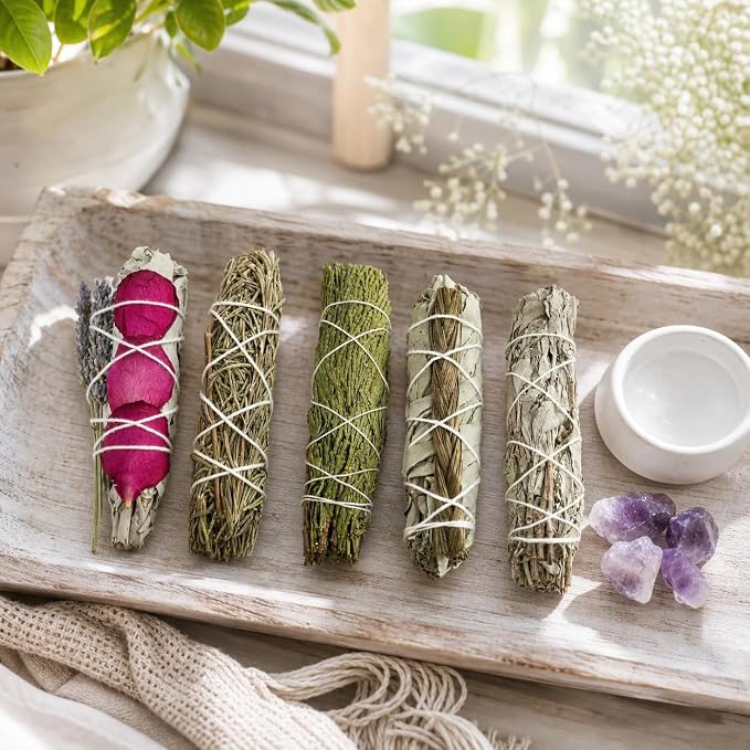 Smudge Sticks Sampler - 1 White Sage with Rose and Lavender, 1 Rosemary, 1 Cedar, 1 Sweetgrass White Sage and 1 Black Sage