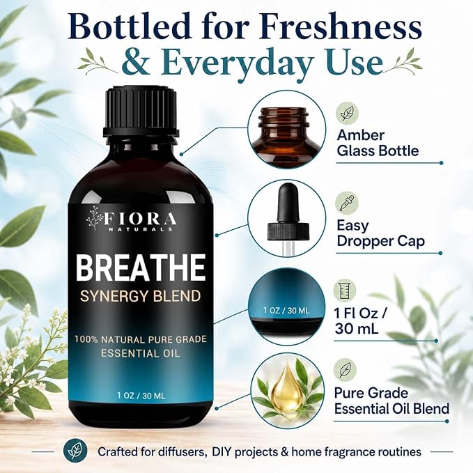 Breathe Essential Oil for Diffuser, 100% Natural Pure Grade Synergy Blend with Eucalyptus, Peppermint, Tea Tree, Lemon, Pine Needle, Cardamom & Laurel Leaf, Refreshing Blend for Aromatherapy