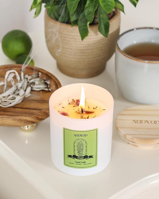 AOOVOO Sage Scented Candles for Women - Aromatherapy Candle with Crystals Inside, 10oz Soy Candles for Home Scented, Birthday Gifts Valentines Day Candle for Women Mom