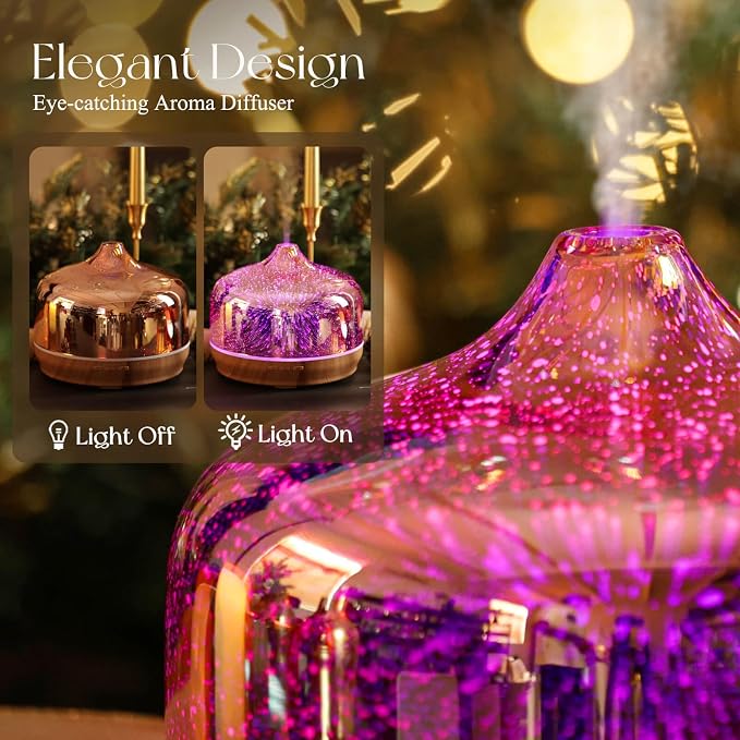 Porseme 500ml Glass Essential Oil Diffuser Aromatherapy Ultrasonic Cool Mist Humidifier 15-21 Running Hours Waterless Auto-Off Air Diffusers for Sleeping Yoga Working Spa(Rose Gold)
