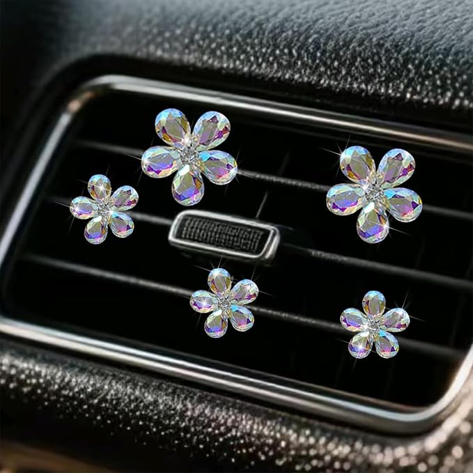 Bling Daisy Flower Car Air Vent Clips, 5PCS Sparkling Crystal Rhinestone Cute Vehicle Air Conditioning Clamp, Diamond Auto Air Outlet Clip Decor for Women Girls (Multicolor)