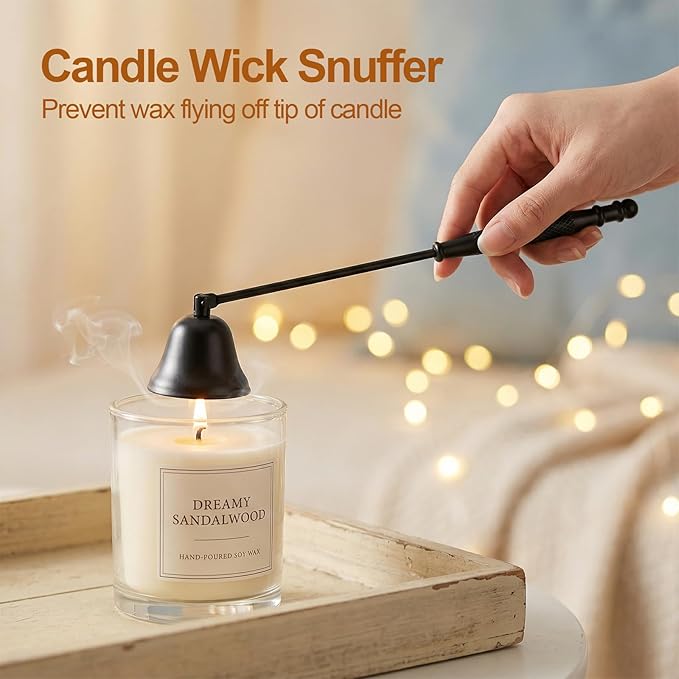 tifanso 4-in-1 Candle Care Kit with Wick Trimmer Cutter, Extinguisher Snuffer, Dipper and Storage Tray Plate, Stainless Steel Wick Scissors Accessories with Gift Package for Candle Lovers (Black)